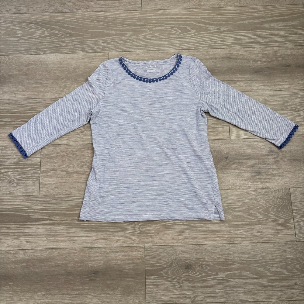 Talbots Womens Blue White Pinstriped Lace Detail Long Sleeve Top Size M